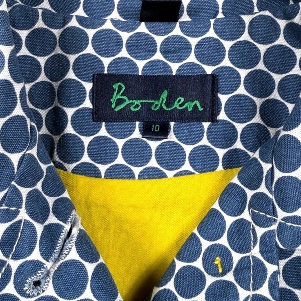 Boden Cropped Blue White Polka Dot Cotton Jacket Yellow Lining Womens Size 10 - Picture 4 of 6